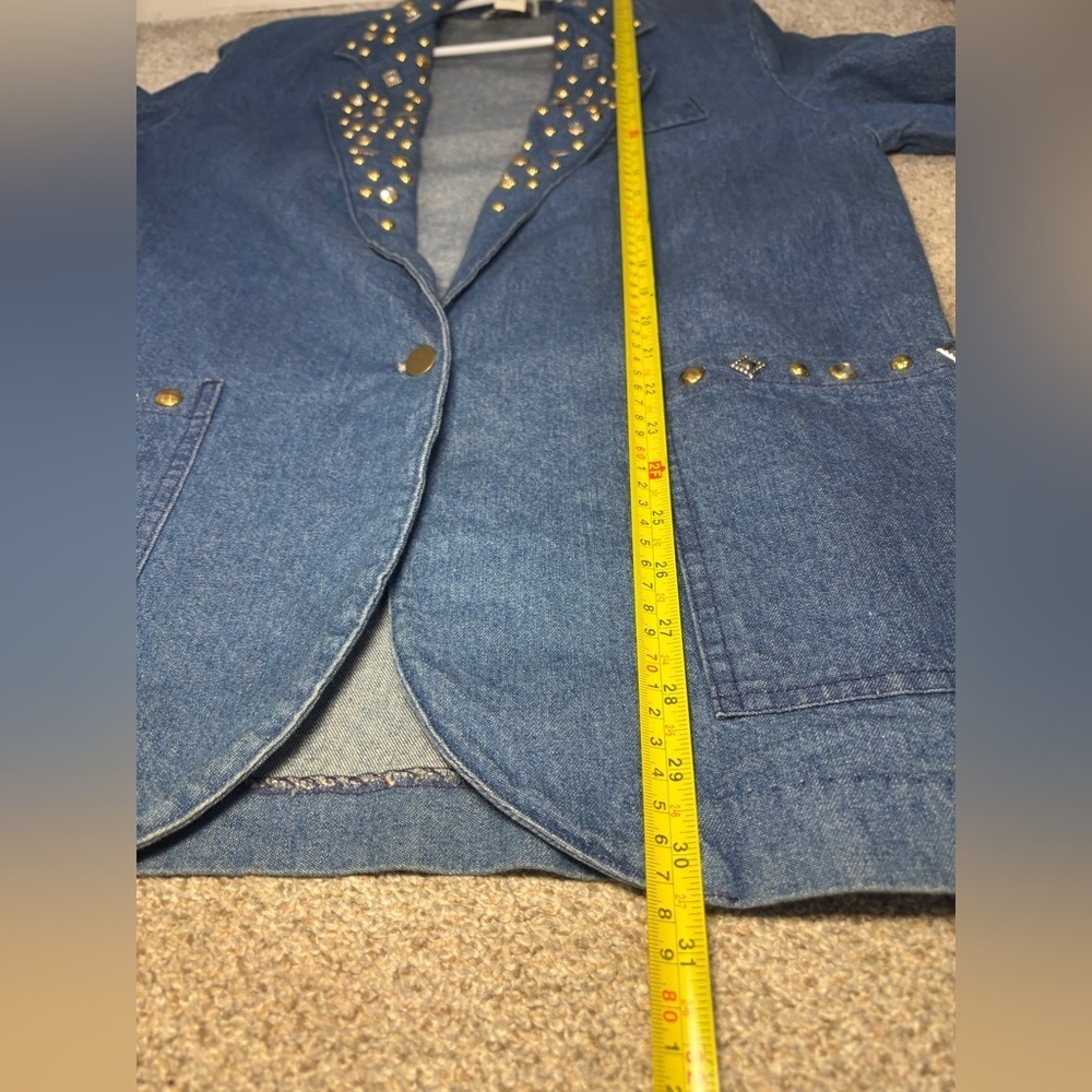 Vintage IDEAS Denim Jacket Blazer Unlined Gold Rhinestone Studded Size Small - Picture 3 of 11